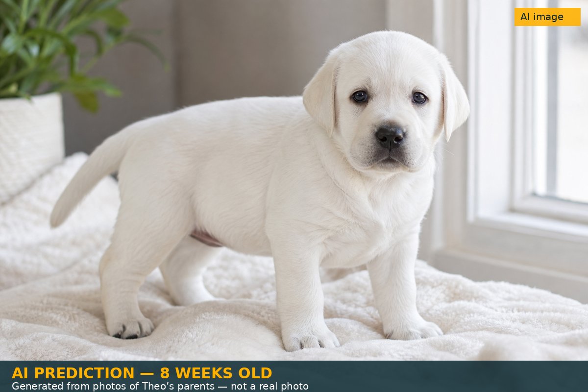 AI-generated prediction of what Theo might look like at 8 weeks — clearly labeled as an AI image, not a real photo