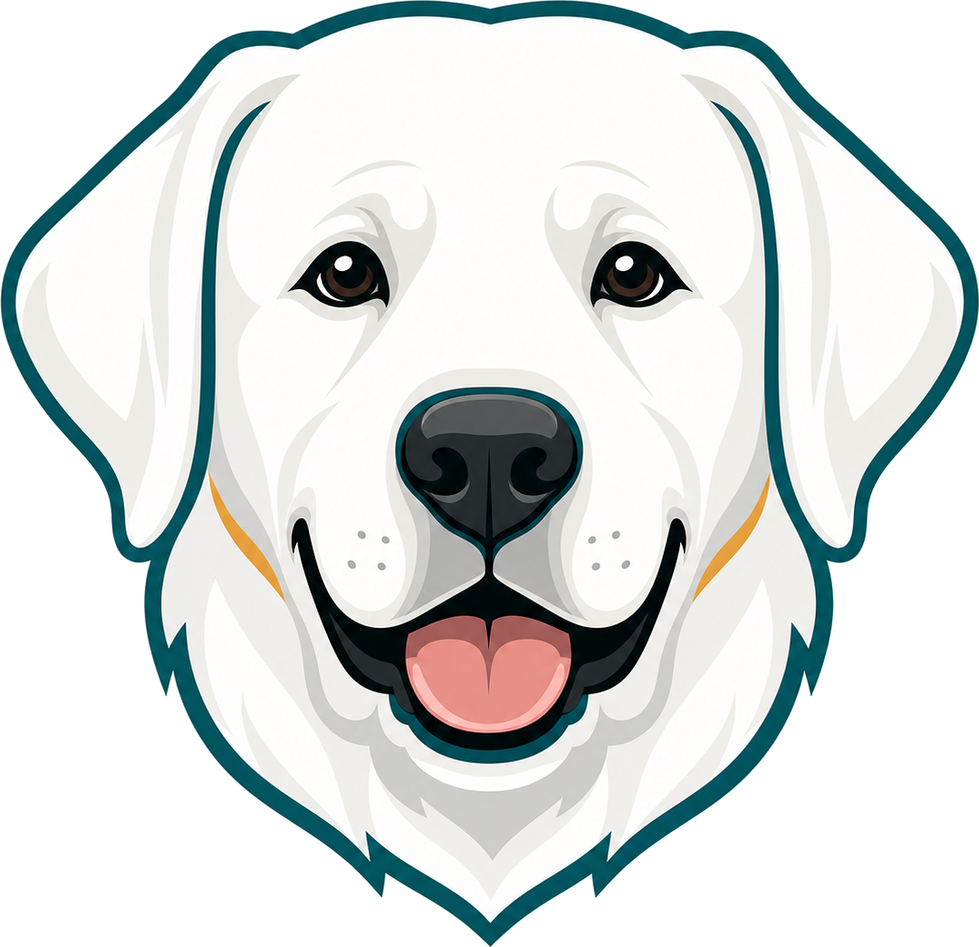 Theo the English White Lab mascot — a white Lab by a Florida pool